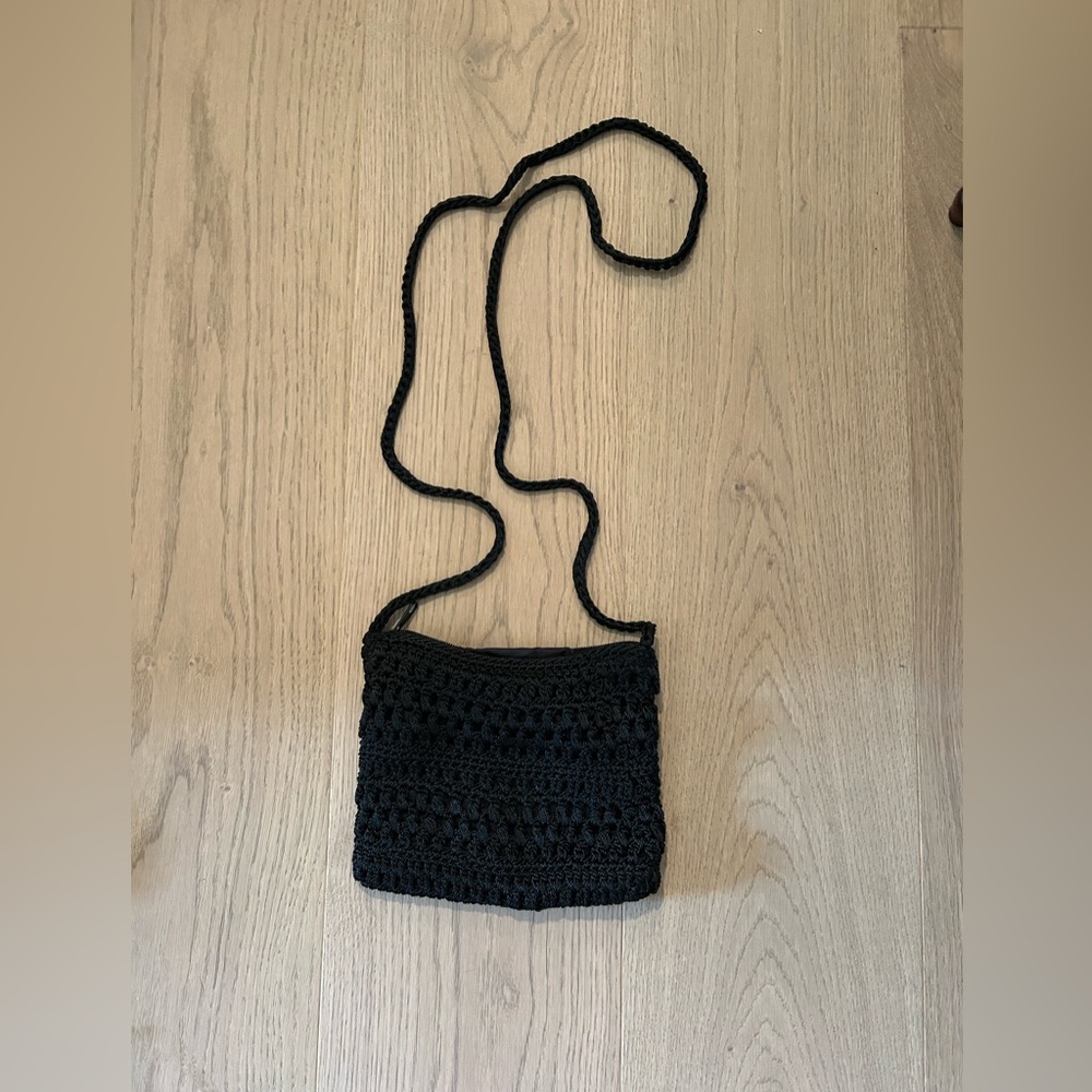 Handcrafted Black Crochet Crossbody Bag 8" x 6"